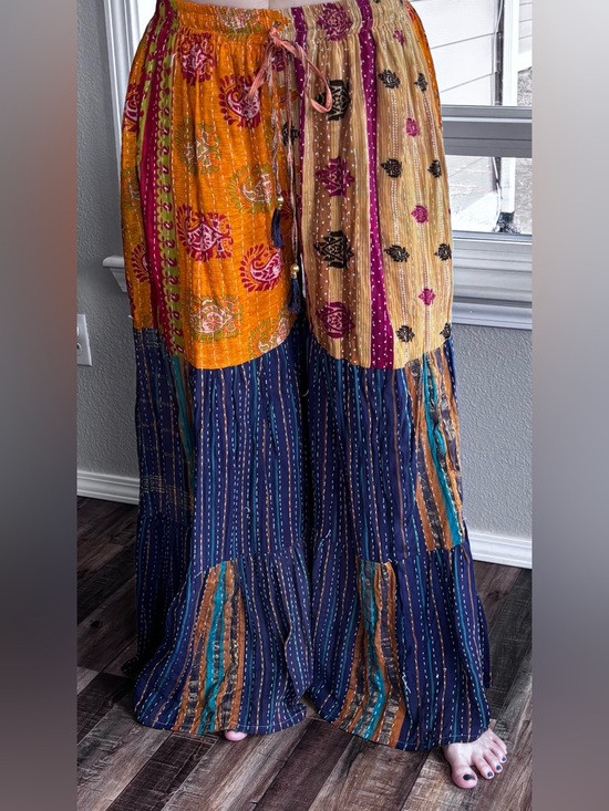 Pants - Kantha Patchwork Boho Pants - Multicolor-Fits Size M/L